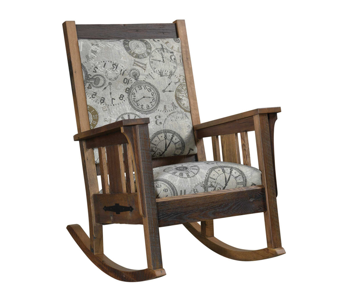 Wooden rocking chair with patterned cushion on a white background
